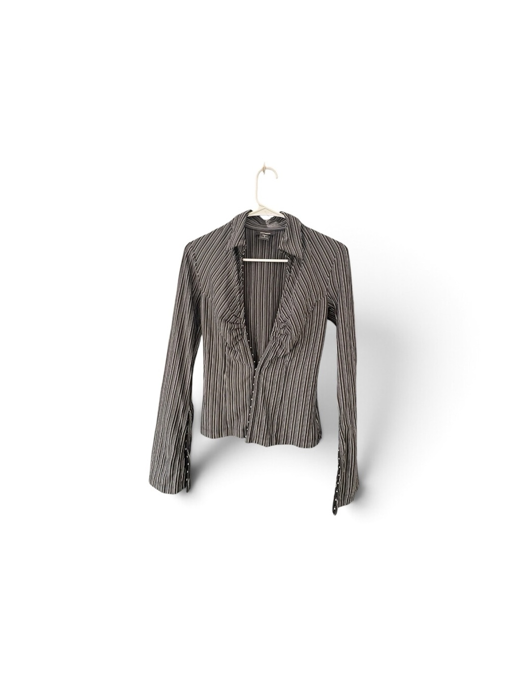 Pinstripe Ruffle-Trim Blazer Jacket in Gray